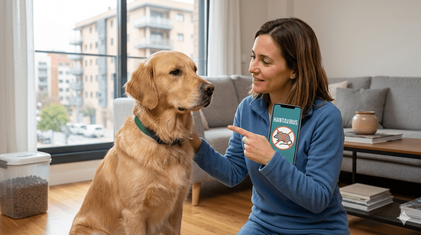 Infografía sobre la prevención del Hantavirus en mascotas en Madrid, mostrando a un perro y un gato junto a medidas de higiene y limpieza para evitar riesgos ambientales